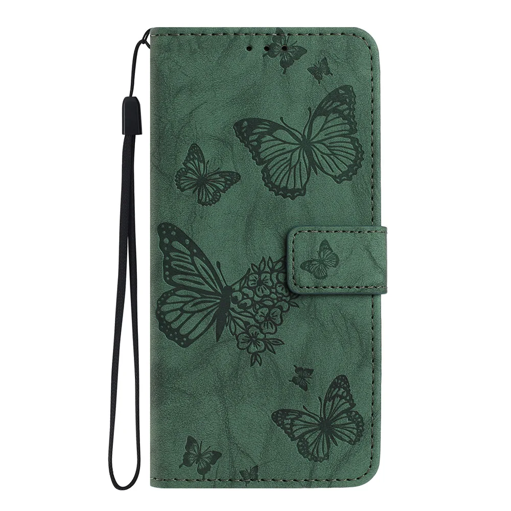 Butterfly Embossed Leather Wallet Phone Case with Card Slots and Strap