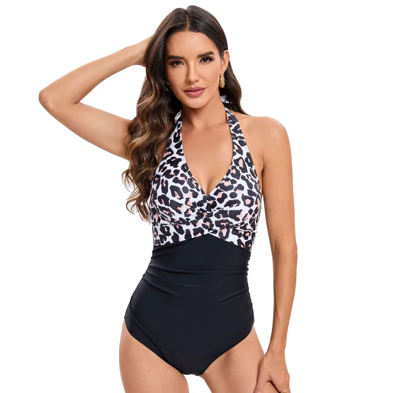 2024 European and American New Tight and Sexy One Piece Swimsuit Multi Color Printed Large Size Covering Belly Show Slim Open Back Swimsuit_voghion.com