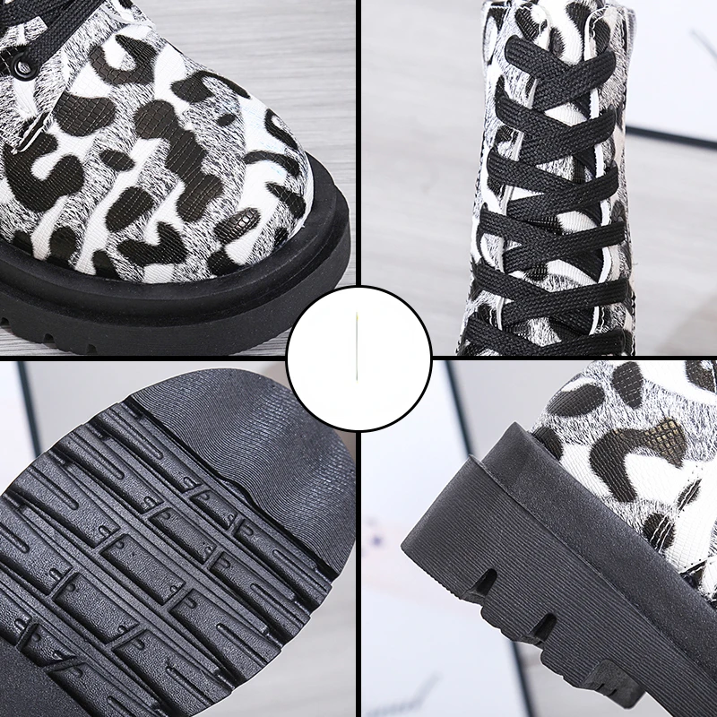 Shoes for Women 2023 Winter Platform Women's Boots High Top Lace Up Motorcycle Boots Trendy Leopard Print Ladies Ankle Boots
