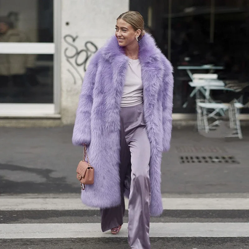 

Women Purple Thick Faux Fur Jacket Colorblock Autumn Winter Maxi Coat Long Warm Luxury Belt Fur Parkas Bontjas Furry Outerwear