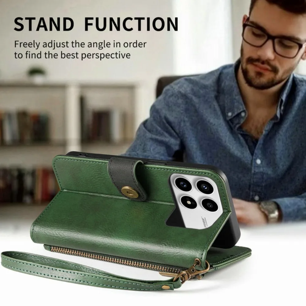 Zipper Wallet Leather Flip Case with RFID Protection and 7-Card Slots