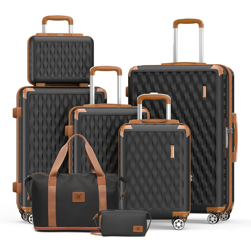 

Luggage Sets 7 Piece Suitcase Set, Hard Shell Carry on Luggage Travel Suitcases with Spinner Wheels and TSA LockBlack Brown