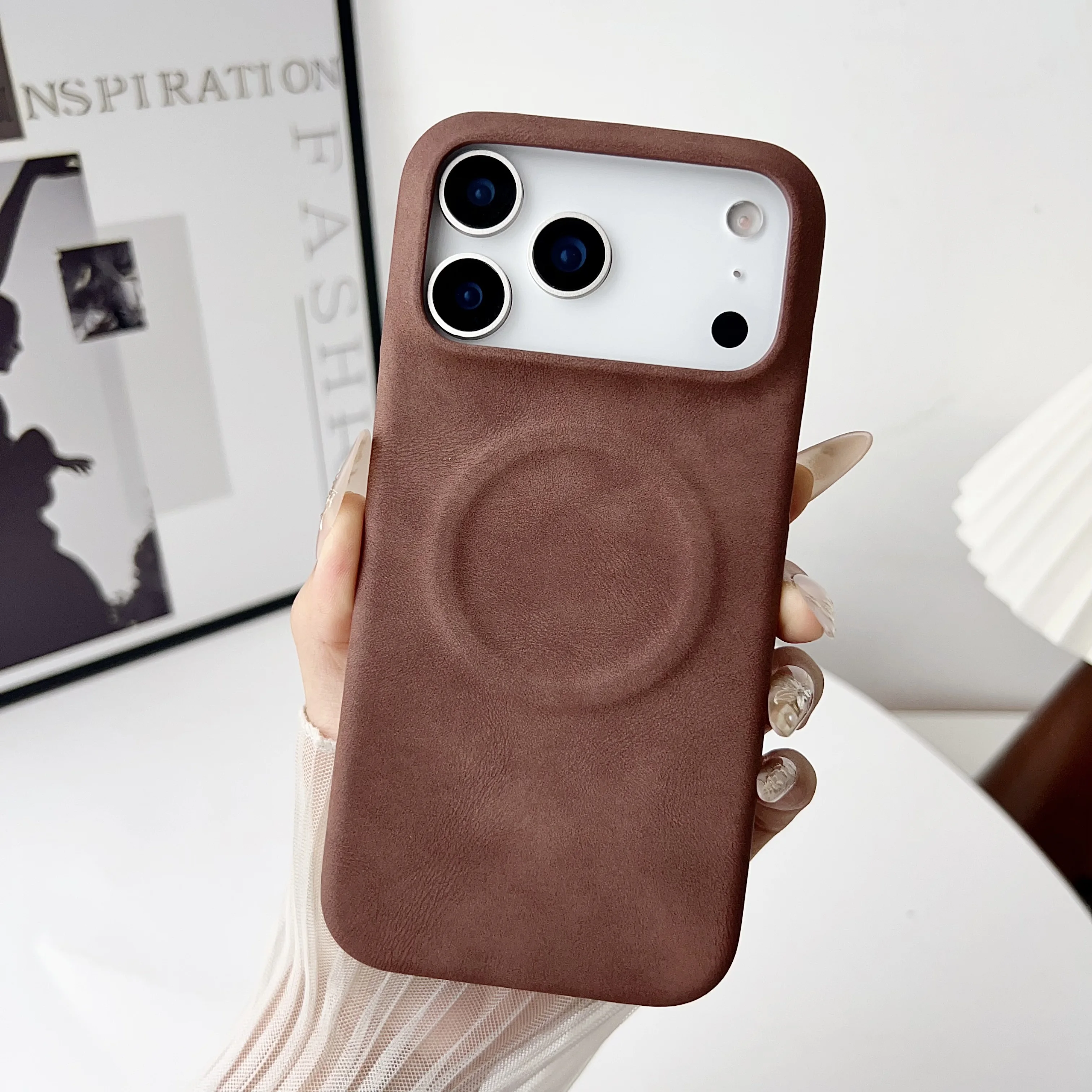 Vintage Sheepskin Leather Magnetic Phone Case - Matte Finish, Shockproof Protection