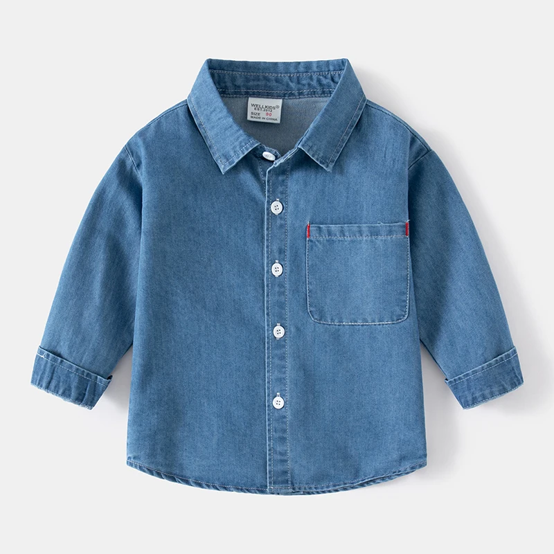 

Fashion 1-6Y Boys Bluey Denim Shirts Jacket Long Sleeve Lapel Button Closure Pocket Decor Baby Casual Streetwear Outer Jean Tops