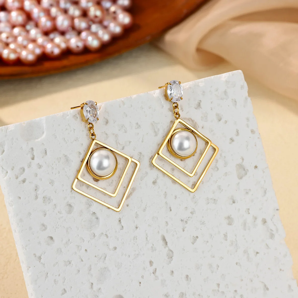 Pearl Zircon Hollow Geometric Earrings For Women Girls