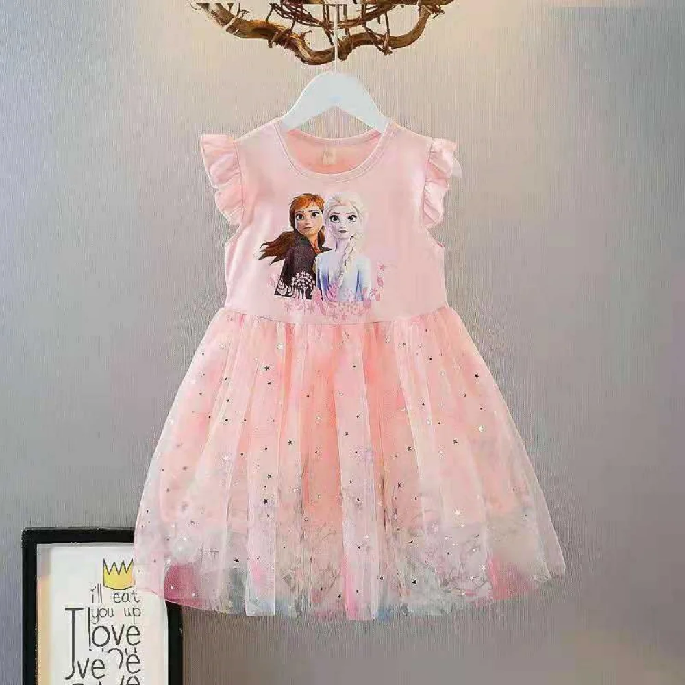 

Children's Girl's Elsa Gauze Sequin Princess Dress Pink Blue Summer 2023 Frozen Cartoon Print Kids 2-11 Years Sleeveless Dresses