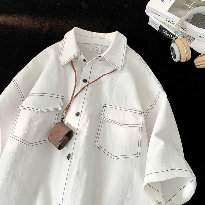 

Japanese retro short-sleeved shirt for men in summer Korean style simple new niche design trendy casual half-sleeved y2k shirt