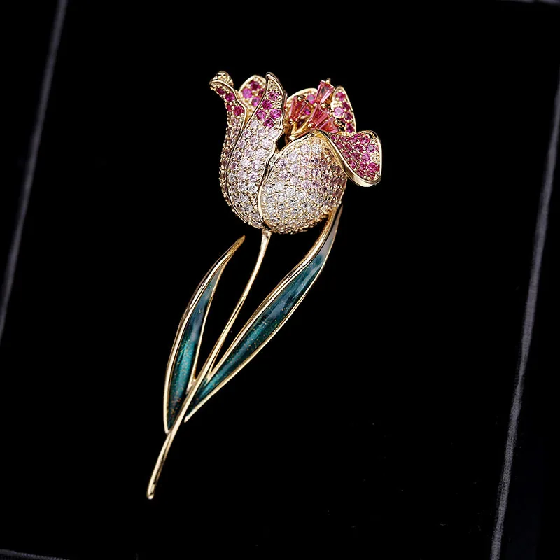 

South Korea'S Light Luxury Temperament Corsage Women'S Jacket Clip Accessories Elegant Drop Oil Brooch Colored Zircon Tulip Broo