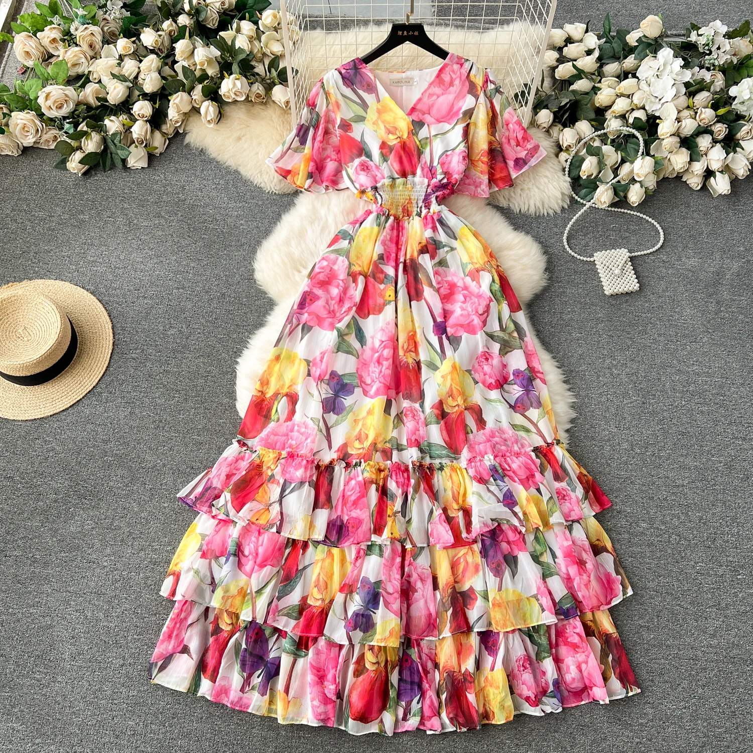 

Vintage Elegant Ruffle Print Tiered Dress Chic A-line Fashion Chiffon Spring Autumn Short Sleeve Vestidos Women Dresses