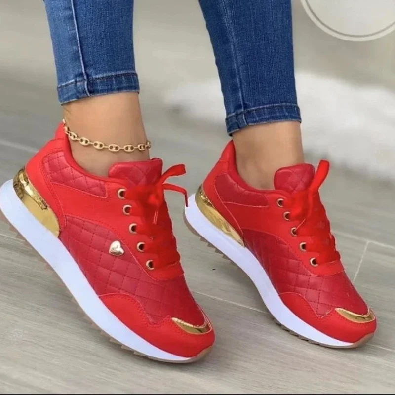 

Red Women Sneakers Leather Patchwork Casual Shoes for Women 2023 Platform Female Shoes Pu Vulcanized Running Shoe Tênis Feminino