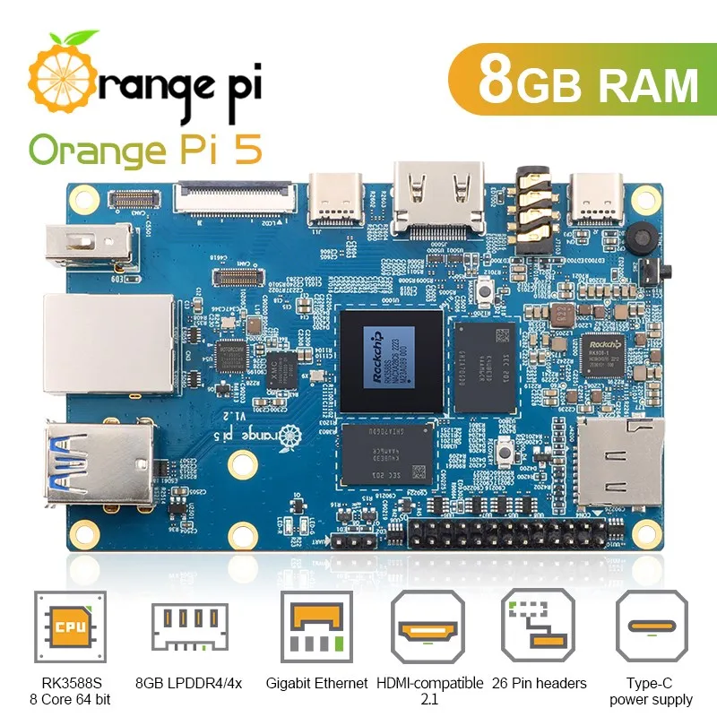 오렌지 파이 5 8GB RK3588S 8 코어 64 비트 PCIE 모듈, 외부 와이파이 BT 기가비트 이더넷, 전원 공급 옵션, 아크릴 방열판