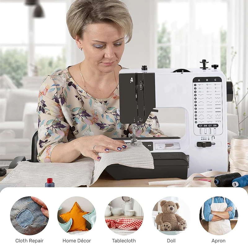 Mini Sewing Machine Portable Replaceable Presser Foot 38 Stitches Overlock Knitting Start Button Electric With Pedal Table 6