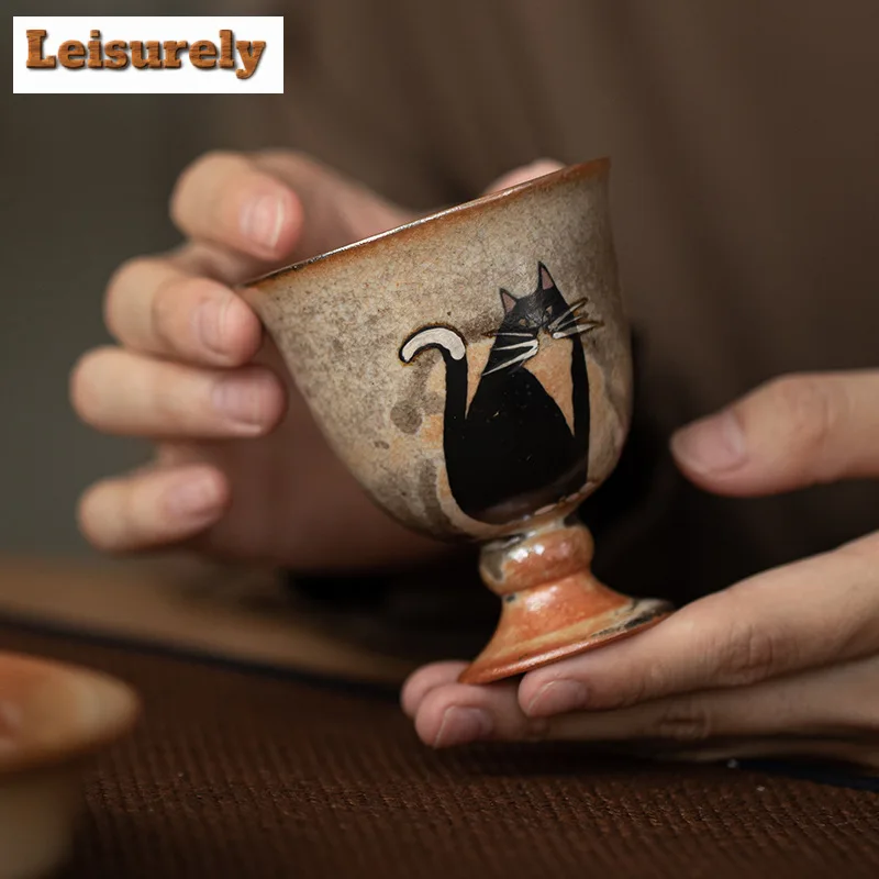 Japanese Kiln Change Zhiye Cat Ceramic Tea Cup Retro Wood-fired Porcelain Large Master Cup High Foot Tasting Mug Kung Fu Tea Set