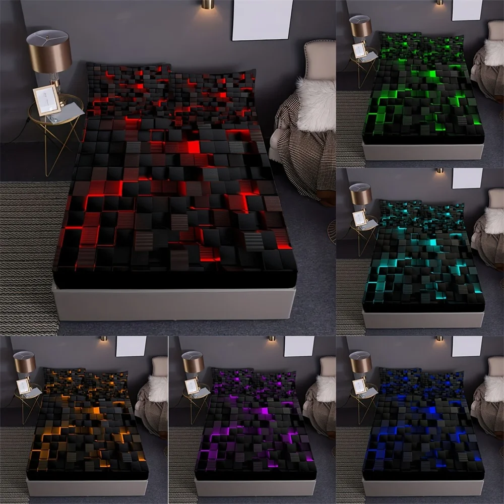 Red Grid 3D Visual Geometry Art Print Fitted Sheet Set Mattress Covers Soft Breathable Bedding Set With Deep Pocket for Bedroom 2