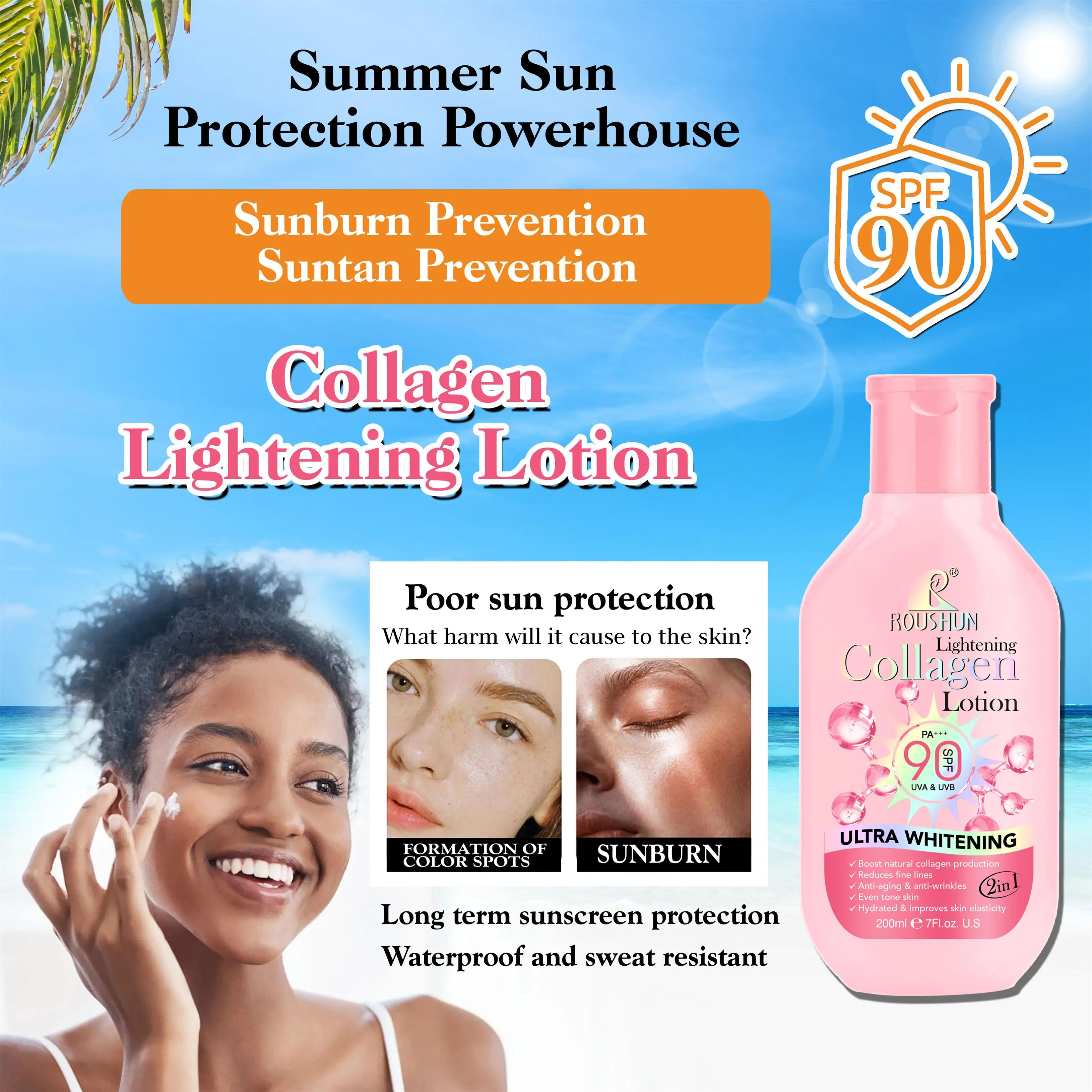 200ml Sunblock Lotion Sunscreen Collagen SPF90 UVA&UVB Ultra Whitening Reduce Fine Lines Even Tone Skin Improves Skin Elasticity 4