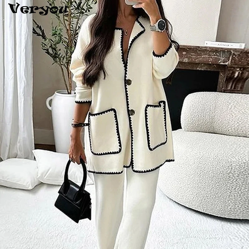 

Женский вязаный комплект из 2 предметов, однобортный Кардиган с карманами и длинными рукавами, Теплый жакет в стиле пэчворк на осень и зиму