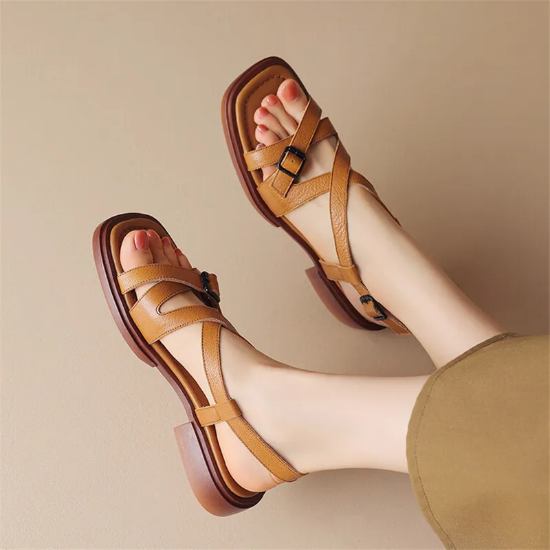 

New Genuine Leather Summer Sandals 2023 Square Toe Platform Sandals Cowhide Roman Shoes Women Handmade Low Heel Shoes for Women