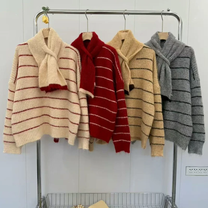 Autumn and Winter New Fashion Women's Clothing with Scarf Women's Long-sleeved Striped Sweater Casual Office Top Knitwear