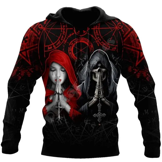 thumbnail image 1 of Sudadera con capucha unisex de estilo hip hop de estilo informal, estilo retro medieval, con estampado 3D de calavera y oración para hombre, 1 of 4