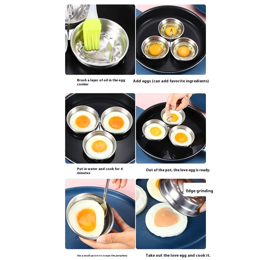 3pieces Stainless Steel Poached Egg Maker With Handle Easy To Extract Cups Arc Shaped Steamed egg poacher