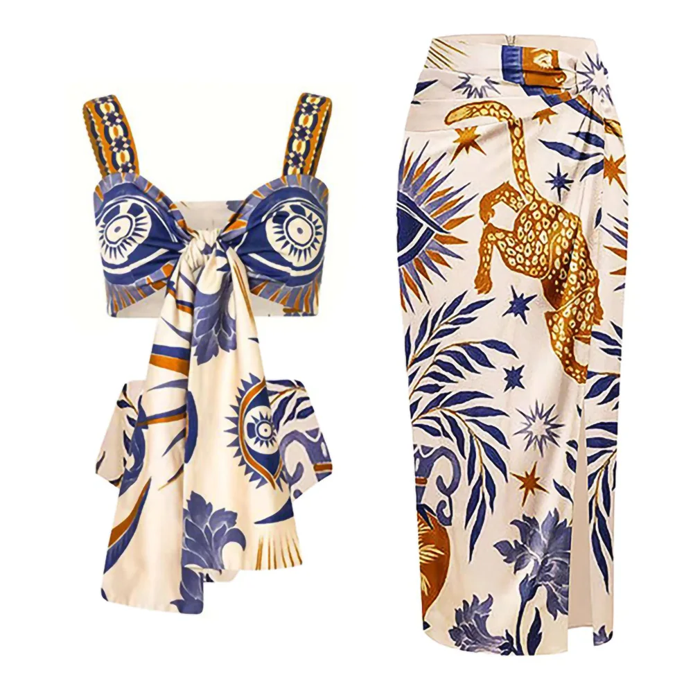 

Fashion Totem Print Split Sling Swimsuit 2023 Women's High Waist Straps Bikini Elegant Leopard Print Lotus Leaf Bust Skirt