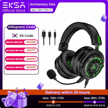 EKSA E5000 프로 게이밍 헤드폰, PC, PS4, Xbox, 스위치용, 7.1 유선 헤드셋, ENC 마이크, USB, C타입, 3.5mm 분리형 케이블