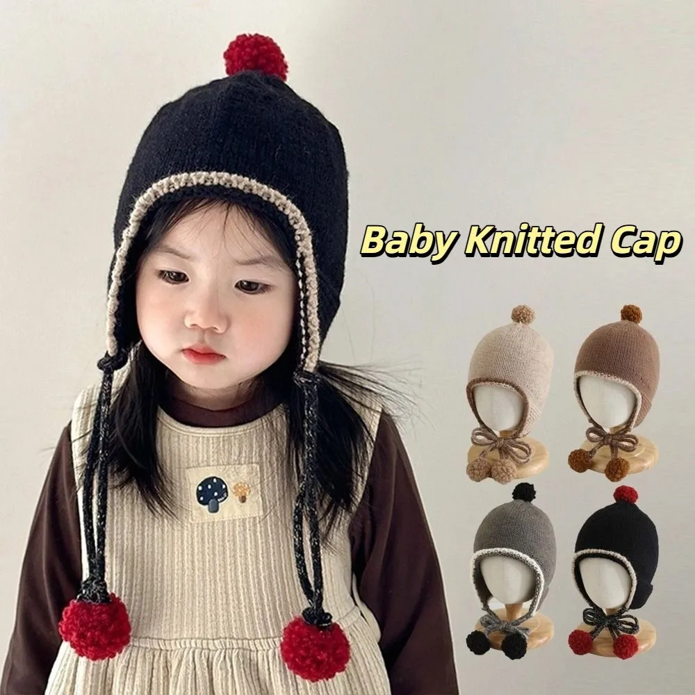 Cute Winter Baby Knitted Cap Thick Bobbles Baby Beanie Cap Tassel Warm Ear Protection Hat Kids