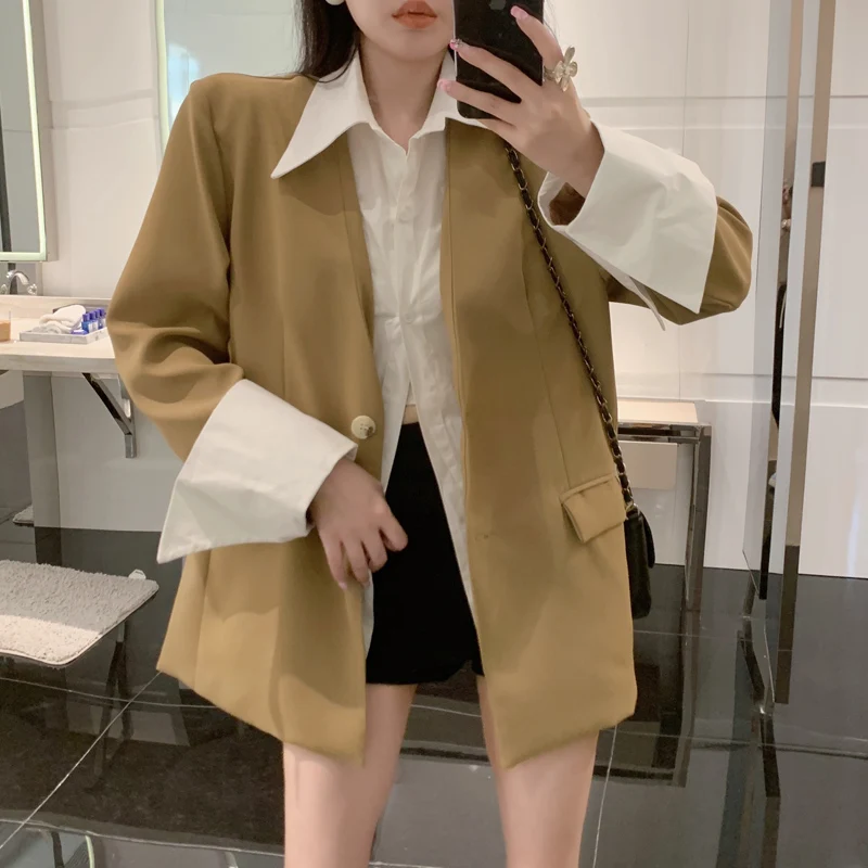 

Real Shot, Real Price! New Fashionable Autumn Loose Two-Piece Suit for Women, Spliced Shirt Jacket Top Female Office Lady Girl