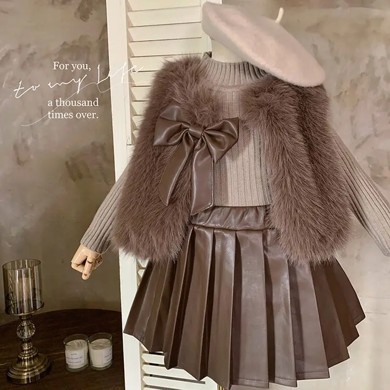 

Winter Childent Coat Thicken Warm Artificial fur Vest +Sweater+Pleated leather Skirt 3Pcs Suits Cotton Girls Casual Outwear