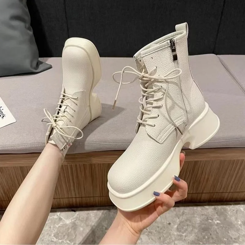 

Motorcycle Ankle Boots Women Soft Leather Thick Soled Sneakers 2023 Spring New Square Head Lace Up Shoes Muffin Short Tube Boots