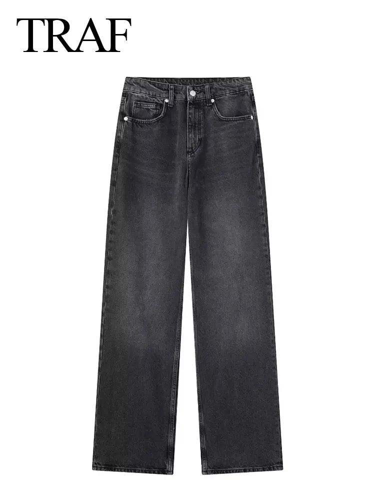 TRAF 2024 Women Fashion Blue Denim Jeans Solid Long Pants Woman Versatile With Metal Zipper Straight Baggy Trousers Streetwear