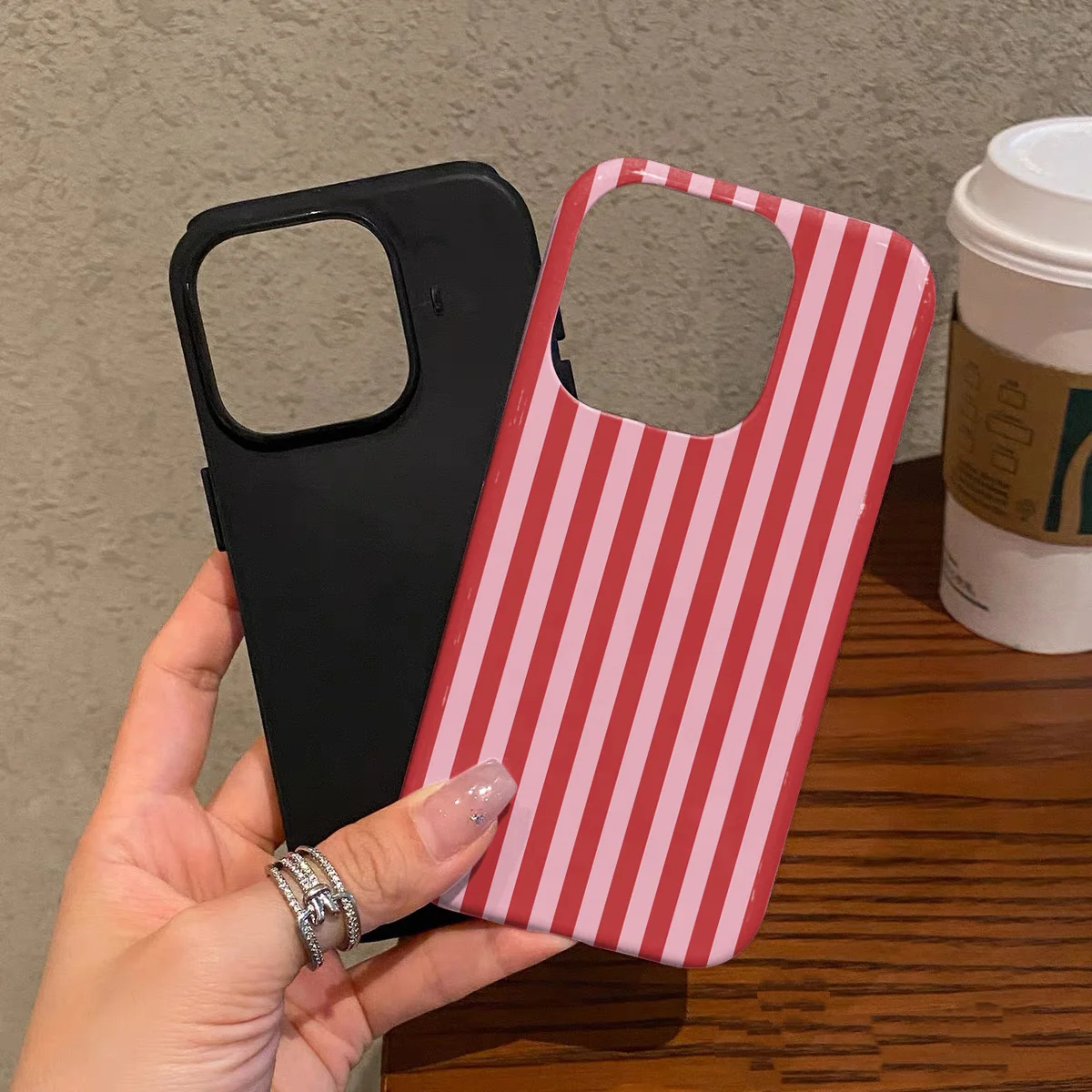 Luxury Double-Layer Pink Striped Phone Case with Fashion Design