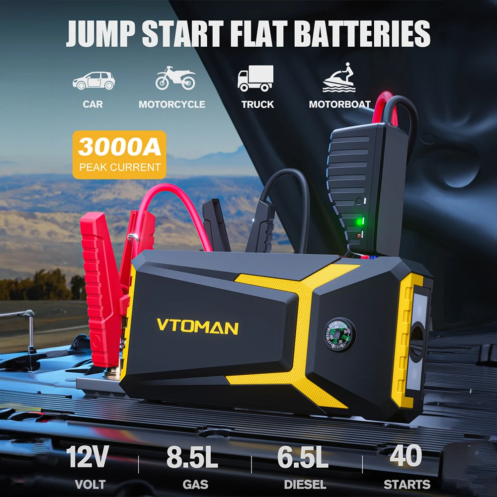 VTOMAN V8 Pro 3000A Car Jump Starter Power Bank 55.5Wh Car Starting Device Fast Charging Battery Charger Booster