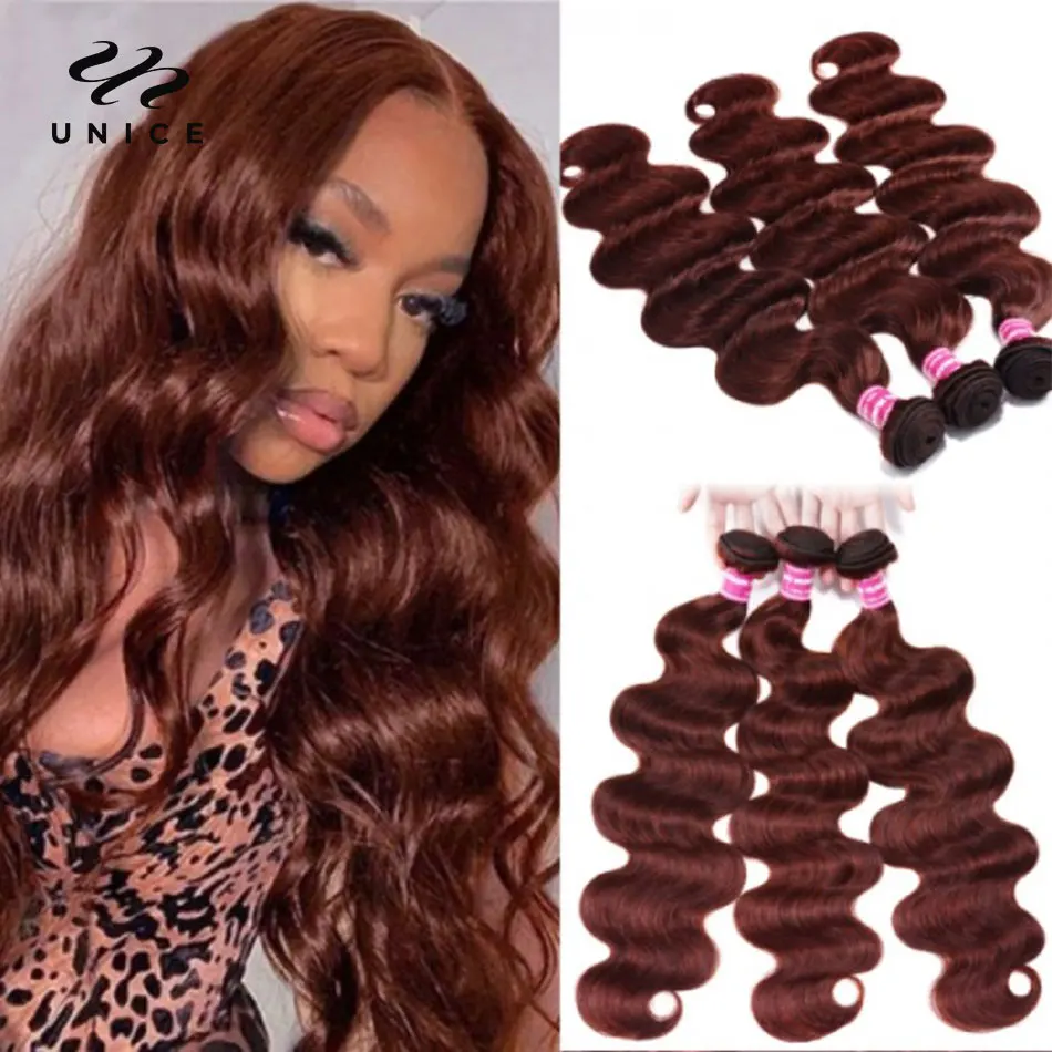Unice Hair 33B Dark Ginger Body Wave Human Hair 3/4 Bundles Reddish Brown 100% Human Hair  Auburn Hair Bundle Deal for Women