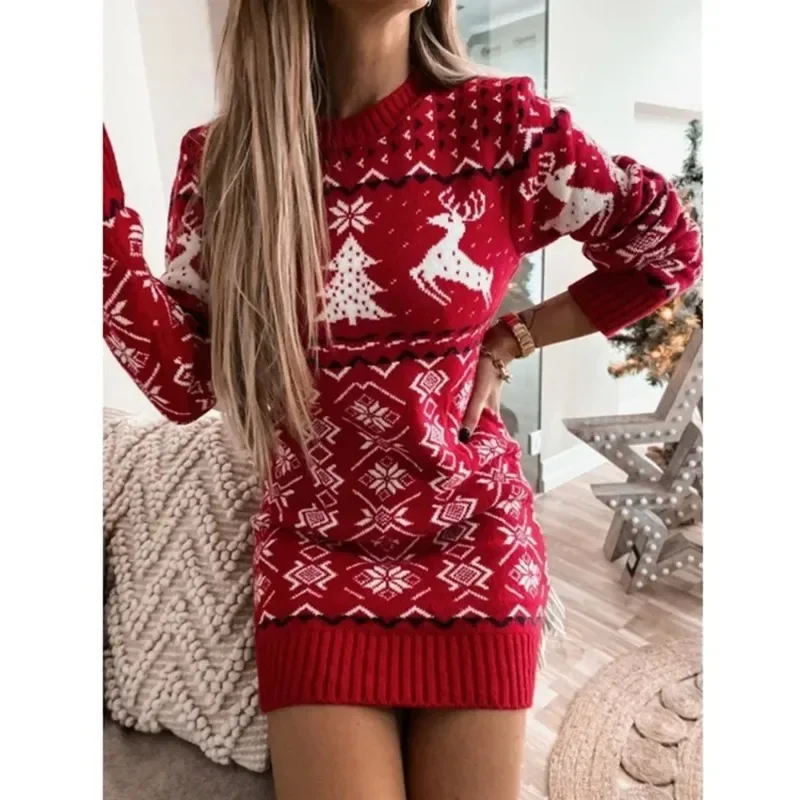 

Christmas Moose Print Women Sweater Dress Jacquard Print Full Sleeve O Neck Knitted Vestidos Jumpers Sexy Bodycon Sheath Dresses
