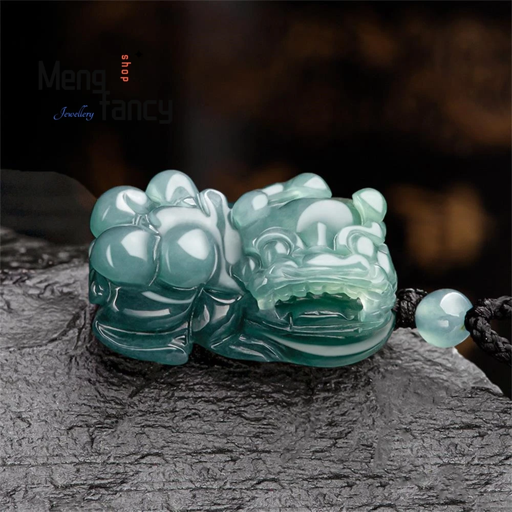 Natural Jadeite Ice Glutinous Blue Water Small Bully Pixiu Fortune Pendant Exquisite Elegant Fashion Luxury Jewelry Best Selling