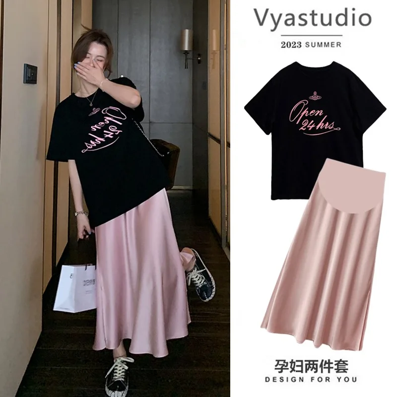 Summer Maternity Satin Skirt Side Split Fashion Pregnant Woman Belly Skirts Solid Color Long Loose Pregnancy Empired Skirt