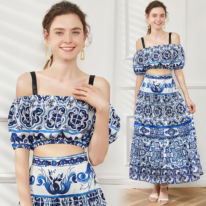 Fashion Summer Two Piece Dress Suits Women Blue White Porcelain Crop Fashion summer two piece dress suits women blue white porcelain crop