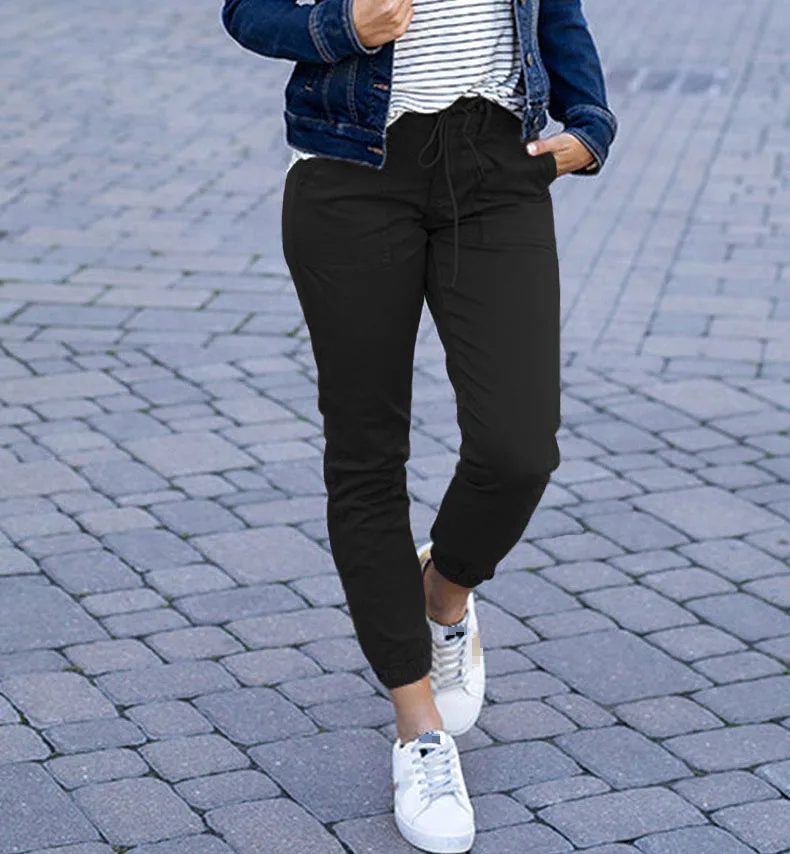 Women's Trousers 2023 Spring New Slimming Pocket Cropped Pants Solid Color Strapping Casual Leggings Female Pants