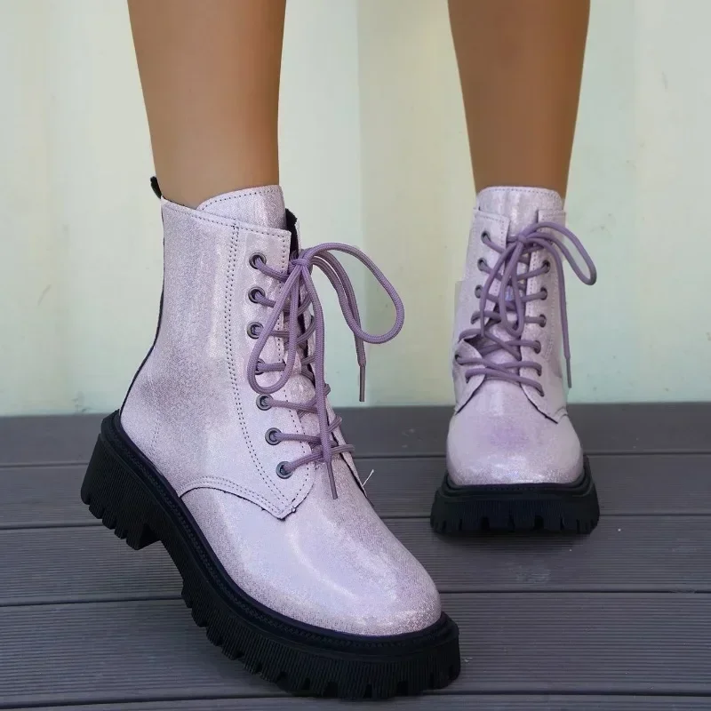 Fashion PU Square Heel  Ankle Boots 2023 Autumn New Shoes Female Lace-up Round Toe Low Heel Solid Women's Boots  Women Shoes