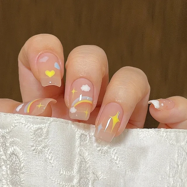 Short Square Shape Press Nails Colorful Flower Rainbow False - Temu
