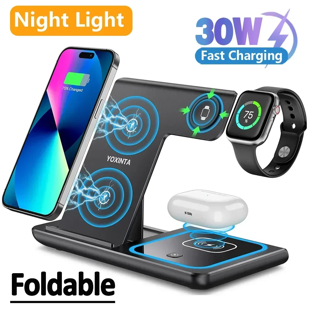 접이식 무선 충전기 스탠드 패드, 아이폰 15, 14, 13, 12, 애플 워치 8, 7, 6, 5, 에어팟용, 3 인 1 LED 라이트 고속 충전 독, 30W
