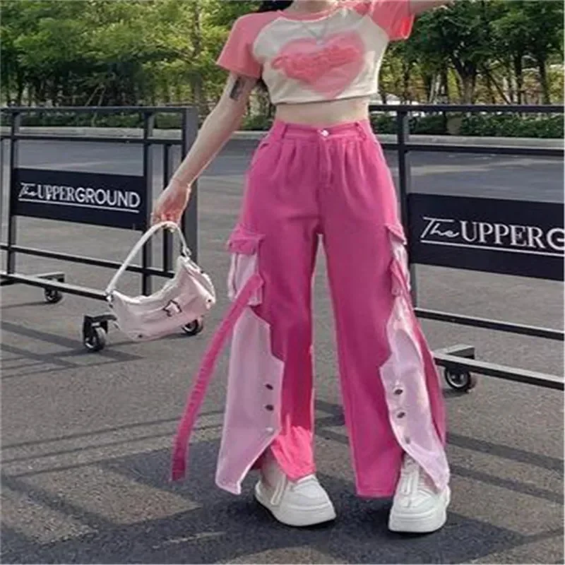 Pink Women Cargo Pants Loose Baggy Pants Korean Fashion High Waist Trousers Moda Pantalones Anchos Y Sueltos Mujer