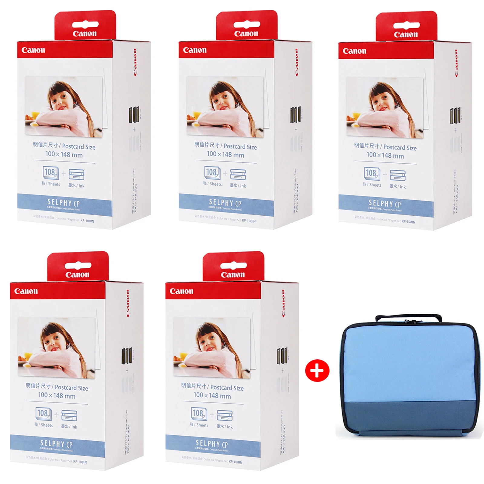 캐논 셀피 CP 포토 프린터용 KP-108 인화지, 잉크 카트리지 및 가방, CP800, CP910, CP1200, CP1300, 100x148mm(6 인치), 5 박스