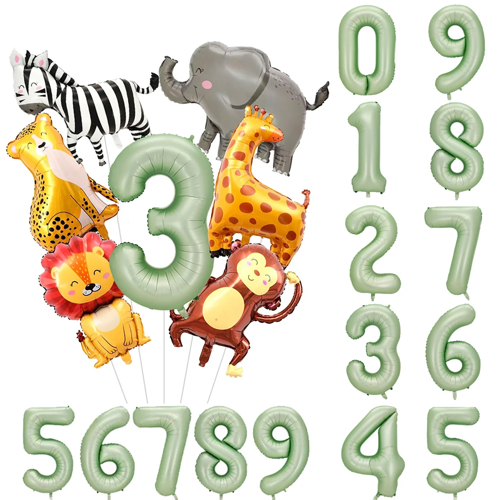 Dschungel Safari Geburtstag Dekore Folie Tier Ballon Salbei Grün Folie Geburtstag Nummer 0-9 Luftballons Kinder Safari Party liefert Gefälligkeiten