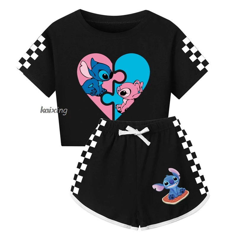 Lilo e Stitch roupas para adolescentes, pijama infantil, algodão, camiseta de manga curta, shorts, fantasia feminina, casual, conjunto de roupas esportivas, verão