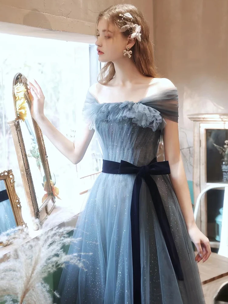 Greydish blue long sweat lady girl women princess bridesmaid banquet party prom dress gown