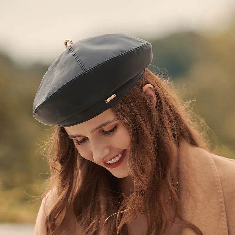 

Autumn Winter 2022 Beret Caps For Women Girls PU Leather Black Hat Elegant Ladies Berets British Vintage Painter Hats Female Cap