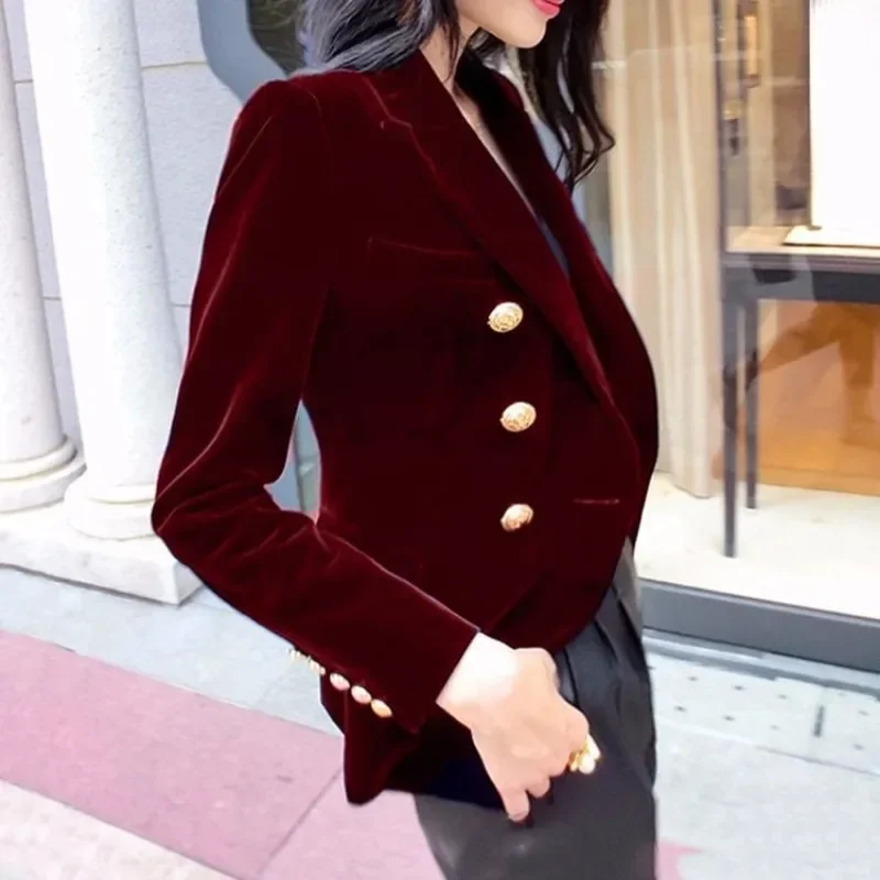 Women's Velvet Slim Fit Versatile Double Breasted Long Sleeve Solid Color Suit Top 2023 New Pleuche Small Suit Short Coat XS-2XL