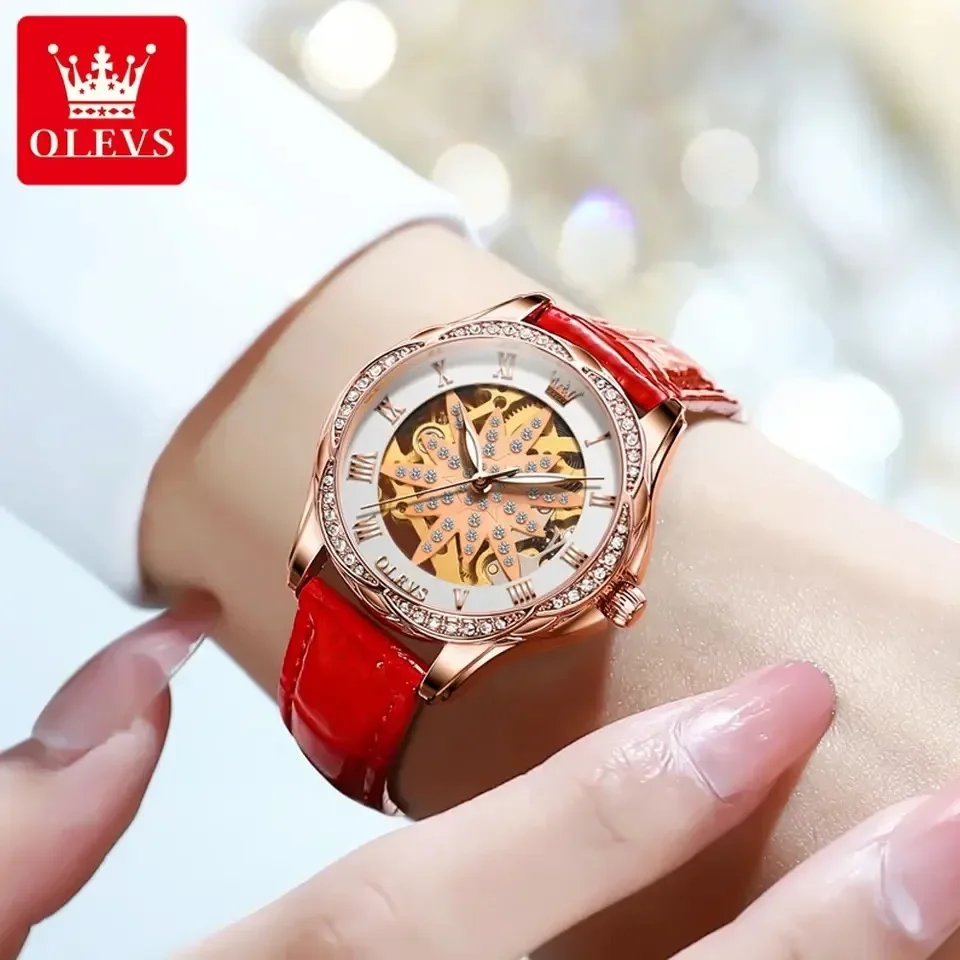 OLEVS Automatic Mechanical Watch for Women Skeleton Diamond Dial Ceramic Strap Waterproof Elegant Women's Wristwatch Reloj Mujer